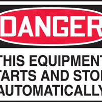 Safety Label, DANGER THIS EQUIPMENT STARTS AND STOPS AUTOMATICALLY, 3.5" x 5", Adhesive Vinyl, 5/PK