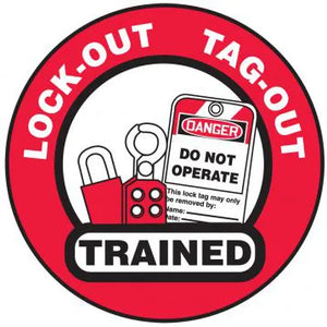 Lock-Out Tag-Out Trained Hard Hat Stickers 2.5" Vinyl 10Pk | LHTL344