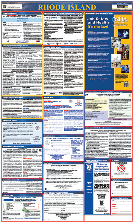 LABOR LAW POSTER, RHODE ISLAND,STATE AND FEDERAL, 40X24