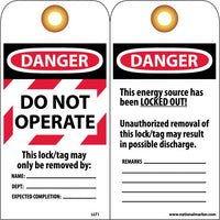TAGS, LOCKOUT, DANGER DO NOT OPERATE, 6X3, ENCASED LAMINATION   GROMMETS PACK OF 25