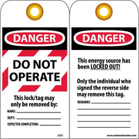 TAGS, LOCKOUT, DANGER DO NOT OPERATE, 6X3, ENCASED LAMINATION   GROMMETS PACK OF 25