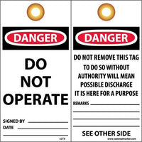 TAG, LOCKOUT, DANGER, DO NOT OPERATE, DO NOT REMOVE THIS TAG, 6X3, PACK OF 25, ENCASED LAMINATED, GROMMET AND BARLOCKS