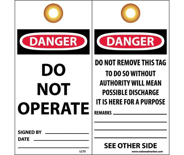 TAG, LOCKOUT, DANGER, DO NOT OPERATE, DO NOT REMOVE THIS TAG, 6X3, PACK OF 25, ENCASED LAMINATED, GROMMET AND BARLOCKS