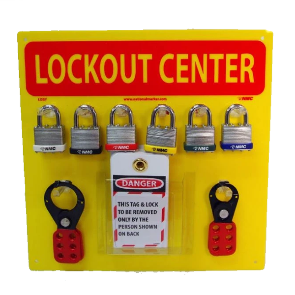 LOCKOUT CENTER, YELLOW BACKBOARD WITH HOOKS AND SUPPLIES, 14X14
