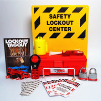BILINGUAL ELECTRICAL LOCKOUT CENTER, COMPLETE BILINGUAL YELLOW BOARD, WIRE BASKET, TOOL BOX & CONTENTS, 16X14