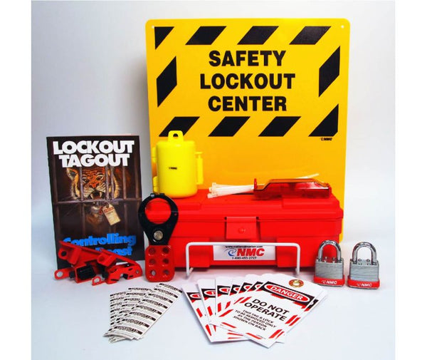 BILINGUAL ELECTRICAL LOCKOUT CENTER, COMPLETE BILINGUAL YELLOW BOARD, WIRE BASKET, TOOL BOX & CONTENTS, 16X14