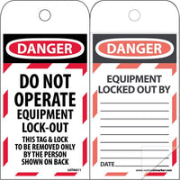 SELF LAMINATING TAGS, LOCKOUT, DANGER DO NOT OPERATE EQUIPMENT LOCK-OUT. . ., 6X3, POLYTAG, BOX OF 150