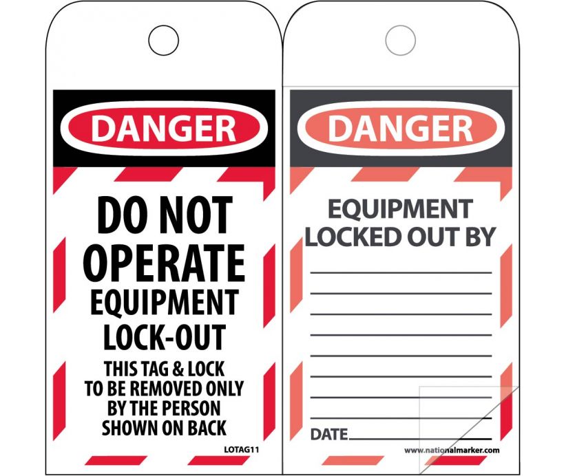 SELF LAMINATING TAGS, LOCKOUT, DANGER DO NOT OPERATE EQUIPMENT LOCK-OUT. . ., 6X3, POLYTAG, BOX OF 150