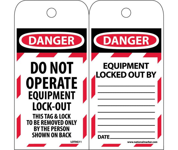 TAGS, LOCKOUT, DANGER DO NOT OPERATE EQUIPMENT LOCK-OUT. . ., 6X3, POLYTAG, BOX OF 100
