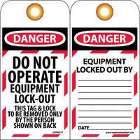 TAGS, LOCKOUT, DANGER DO NOT OPERATE EQUIPMENT LOCK-OUT. . ., 6X3, UNRIP VINYL   GROMMET PACK OF 10