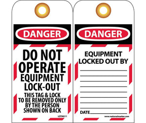 TAGS, LOCKOUT, DANGER DO NOT OPERATE EQUIPMENT LOCK-OUT. . ., 6X3, UNRIP VINYL   GROMMET PACK OF 10