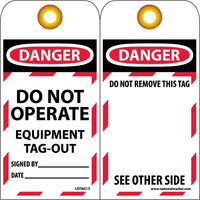 TAGS, LOCKOUT, DANGER DO NOT OPERATE EQUIPMENT TAG OUT. . ., 6X3, UNRIP VINYL, PK/25      GROMMET