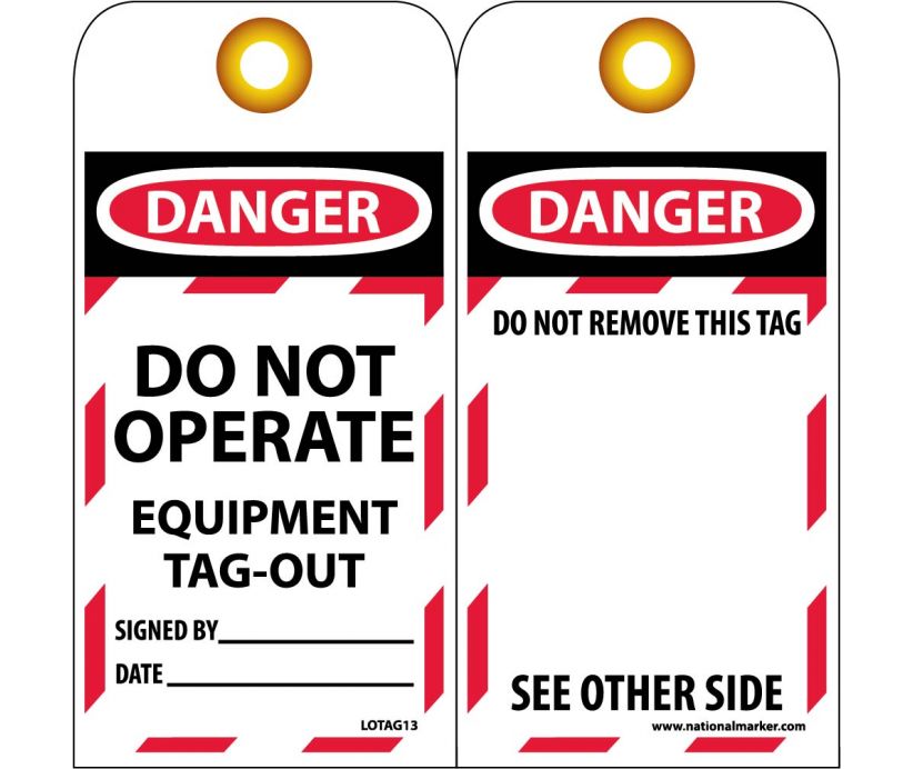 TAGS, DANGER, DO NOT OPERATE EQUIPMENT TAG-OUT, 6X3, SYNTHETIC PAPER, 25/PK (HOLE)