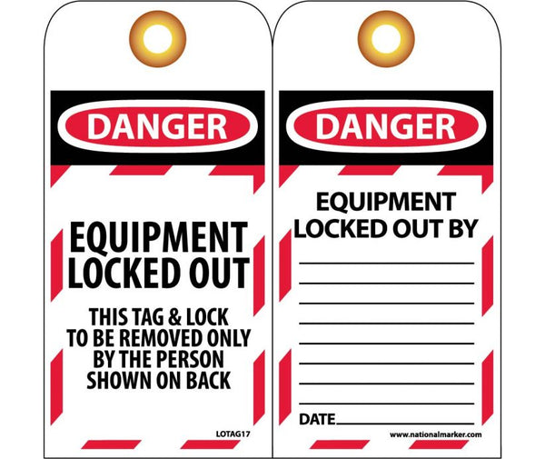 TAGS, LOCKOUT, DANGER EQUIPMENT LOCKED OUT. . ., 6X3, UNRIP VINYL   GROMMET PACK OF 10