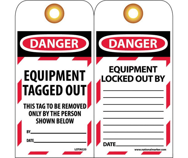 TAGS, LOCKOUT, DANGER EQUIPMENT TAGGED OUT . . ., 6X3, UNRIP VINYL   GROMMET PACK OF 10