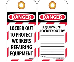 TAGS, LOCKOUT, DANGER LOCKED OUT TO PROTECT WORKERS. . ., 6X3, UNRIP VINYL   GROMMET PACK OF 10