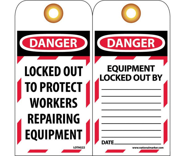 TAGS, LOCKOUT, DANGER LOCKED OUT TO PROTECT WORKERS. . ., 6X3, UNRIP VINYL   GROMMET PACK OF 10