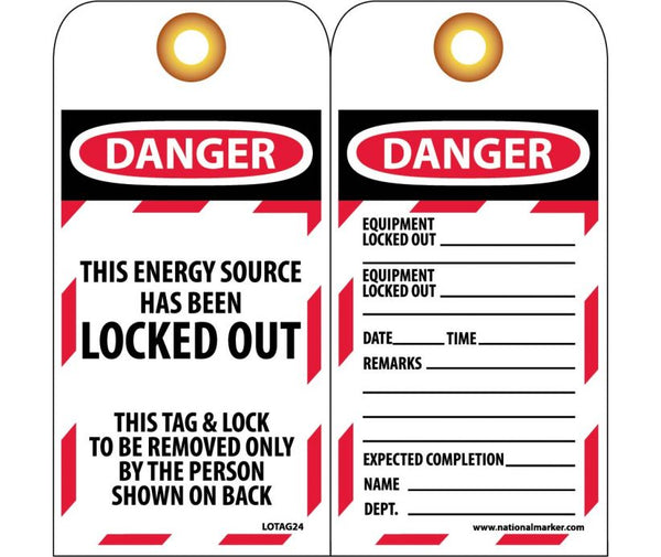 TAGS, LOCKOUT, THIS ENERGY SOURCE HAS BEEN LOCKED OUT, 6X3, UNRIP VINYL, 25/PK       GROMMET
