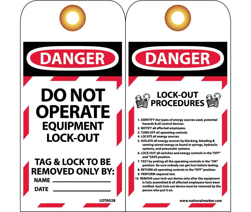 TAGS, LOCKOUT, DANGER DO NOT OPERATE. . ., 6X3, UNRIP VINYL GROMMET PACK OF 10