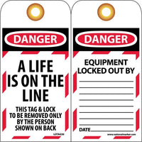 TAGS, A LIFE IS ON THE LINE, 6 X 3/4, UNRIPPABLE VINYL  GROMMET PACKS OF TEN