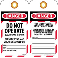 TAGS, DO NOT OPERATE ELECTRICIANS AT WORK, 6X3, UNRIP VINYL, 10/PK