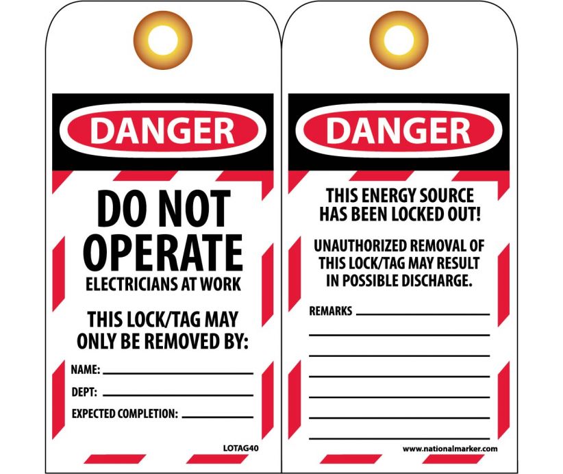 TAGS, DO NOT OPERATE ELECTRICIANS AT WORK, 6X3, UNRIP VINYL, 10/PK