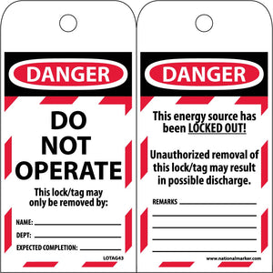 TAGS, LOCKOUT, DANGER DO NOT OPERATE DO NOT OPERATE THIS LOCK/TAG MAY ONLY BE REMOVED BY:, 6X3, POLYTAG, BOX OF 100