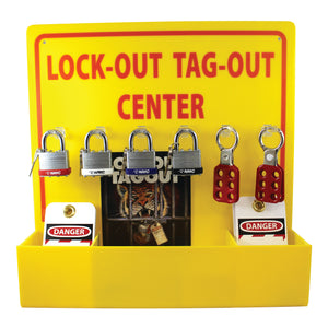 LOCK-OUT TAG-OUT CENTER WITH 1 PACK OF LOTAG 1 AND 1 HANDBOOK, 16 X 16,  YELLOW ACRYLIC, INCLUDES LOCKS AND HASPS