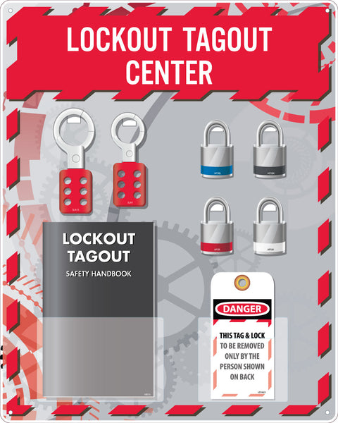 LOCK-OUT TAG-OUT CENTER, 1 PK LOTAG1, 1 HANDBOOK,  4 LOCKS, 2 HASPS, 20 X 16, ACRYLIC