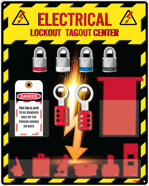LOCK-OUT TAG-OUT ELECTRICAL CENTER, 1 PK LOTAG1,  4 LOCKS, 2 HASPS, 9 ASSORTED ELECTRICAL LOCKOUT DEVICES, 20 X 16, ACRYLIC