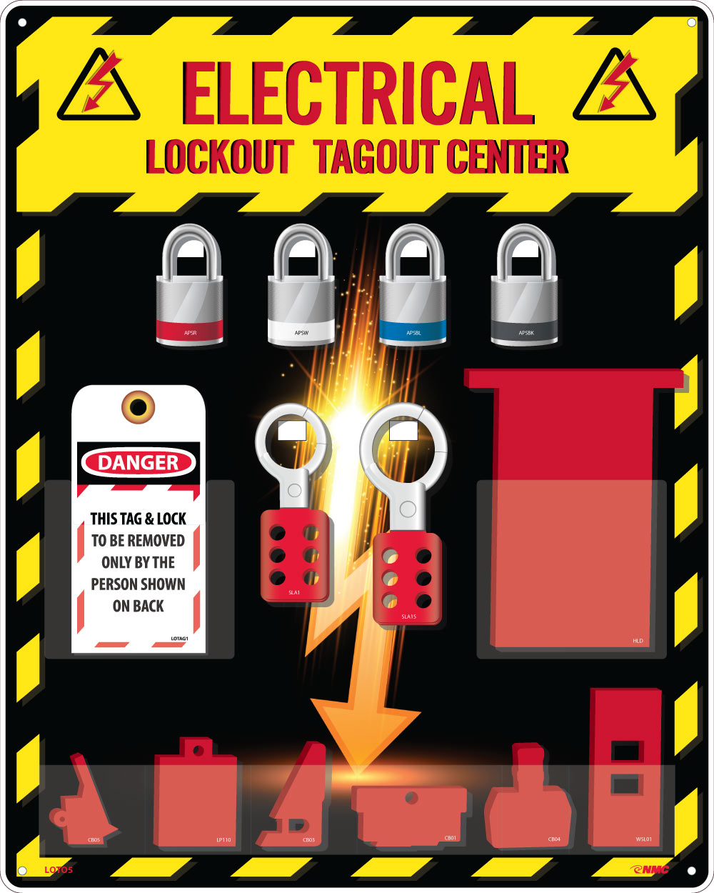 LOCK-OUT TAG-OUT ELECTRICAL CENTER, 1 PK LOTAG1,  4 LOCKS, 2 HASPS, 9 ASSORTED ELECTRICAL LOCKOUT DEVICES, 20 X 16, ACRYLIC