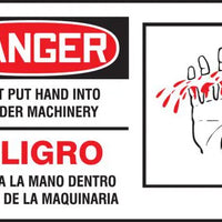 Safety Label, DANGER DO NOT PUT HAND INTO OR UNDER MACHINERY PELIGRO NO PONGA LA MANO DENTRO O DEBAJO DE LA MAQUINARIA (English, Spanish) (Graphic), 4" x 7", Adhesive Vinyl, 5/PK