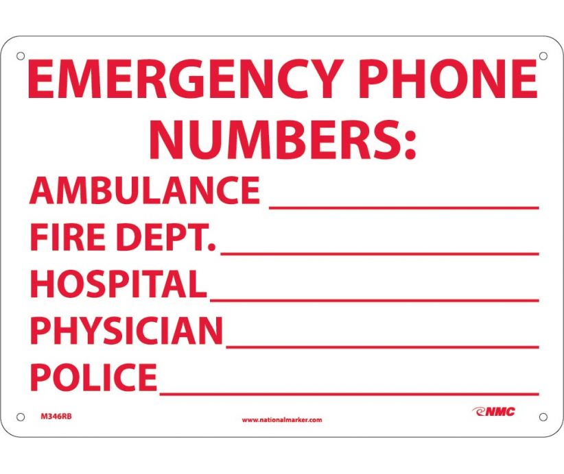 EMERGENCY PHONE NUMBERS AMBULANCE, FIRE.., 10X14, RIGID PLASTIC