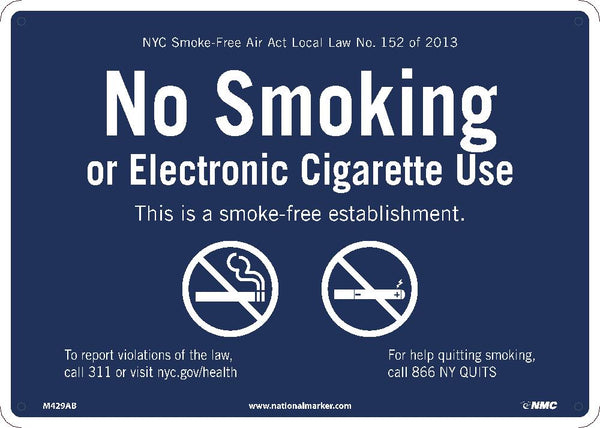 NYC SMOKE FREE AIR ACT NO SMOKING SIGN, 10X14, ALUMINUM .040