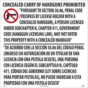 24X24, TEXAS CONCEALED HANDGUN PROHIBITED SIGN, CLEAR VINYL