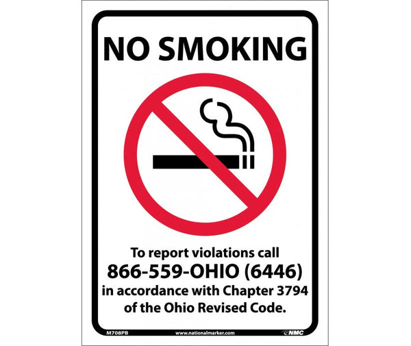 NO SMOKING (GRAPHIC) TO REPORT VIOLATIONS CALL 866-559-OHIO (6446) IN ACCORDANCE WITH CHAPTER 3794 OF THE OHIO REVISED CODE, 14X10, PS VINYL