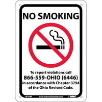 NO SMOKING (GRAPHIC) TO REPORT VIOLATIONS CALL 866-559-OHIO (6446) IN ACCORDANCE WITH CHAPTER 3794 OF THE OHIO REVISED CODE, 10X7, RIGID PLASTIC