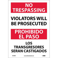 NO TRESPASSING VIOLATORS WILL BE PROSECUTED, BILINGUAL, 14X10, RIGID PLASTIC
