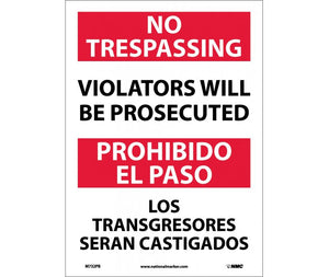 NO TRESPASSING VIOLATORS WILL BE PROSECUTED, BILINGUAL, 14X10, RIGID PLASTIC