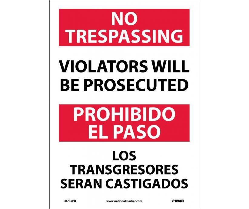 NO TRESPASSING VIOLATORS WILL BE PROSECUTED, BILINGUAL, 14X10, RIGID PLASTIC