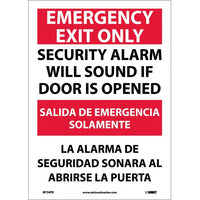 EMERGENCY EXIT SECURITY ALARM WILL SOUND IF DOOR IS OPENED, BILINGUAL, 14X10, .040 ALUM