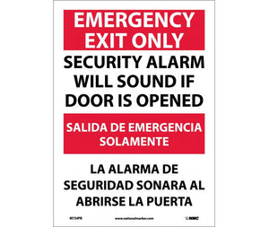 EMERGENCY EXIT SECURITY ALARM WILL SOUND IF DOOR IS OPENED, BILINGUAL, 14X10, .040 ALUM