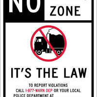 NO IDLING ZONE (GRAPHID) IT'S THE LAW, TO REPORT VIOLATIONS CALL 1-877-WARD DEP OR YOUR LOCAL POLICE DEPARTMENT AT  ________ www.StopTheSoot.org  n.j.a.c. 7:27-14, 15, 18 x 12, .080 EGP REF ALUM