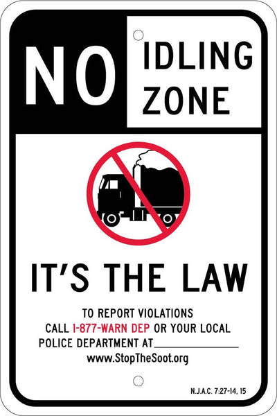 NO IDLING ZONE (GRAPHID) IT'S THE LAW, TO REPORT VIOLATIONS CALL 1-877-WARD DEP OR YOUR LOCAL POLICE DEPARTMENT AT  ________ www.StopTheSoot.org  n.j.a.c. 7:27-14, 15, 18 x 12, .080 EGP REF ALUM