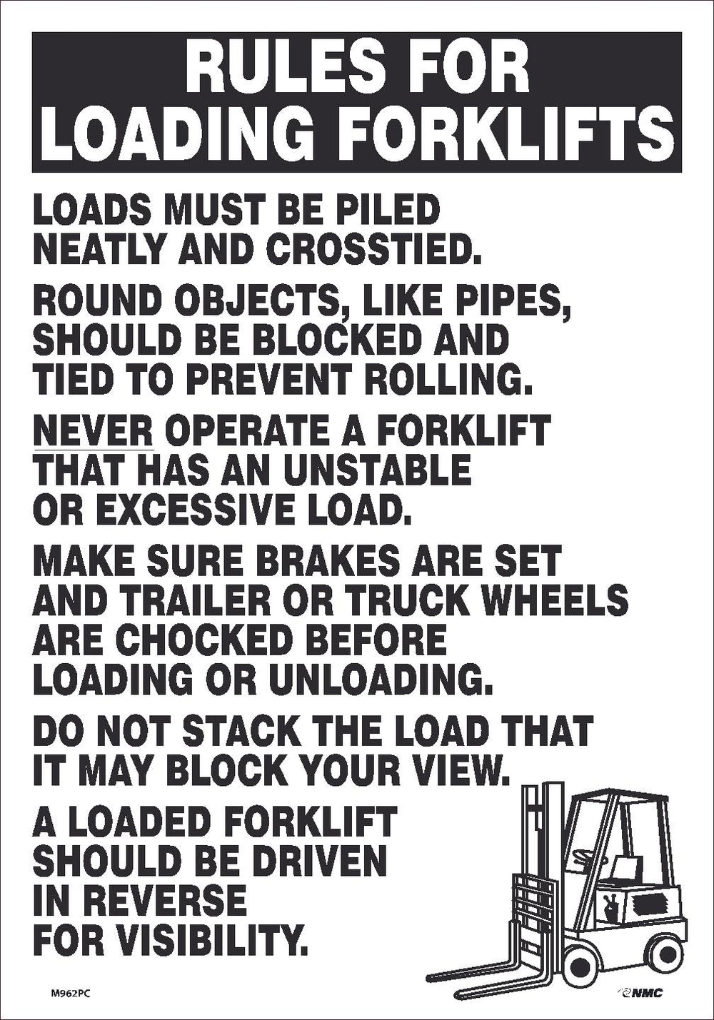 RULES FOR LOADING FORKLIFTS, 20X14, PS VINYL SIGN