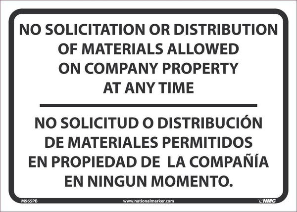 SIGN, BILINGUAL, 10 X 14 PRESSURE SENSITIVE VINYL .0045, NO SOLICITATION OR DISTRIBUTION