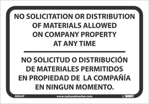 SIGN, BILINGUAL, 7 X 10 PRESSURE SENSITIVE VINYL .0045, NO SOLICITATION OR DISTRIBUTION