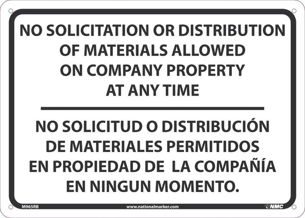 SIGN, BILINGUAL, 10 X 14 RIGID PLASTIC .050, NO SOLICITATION OR DISTRIBUTION