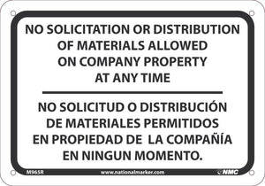 SIGN, BILINGUAL, 7 X 10 RIGID PLASTIC .050, NO SOLICITATION OR DISTRIBUTION