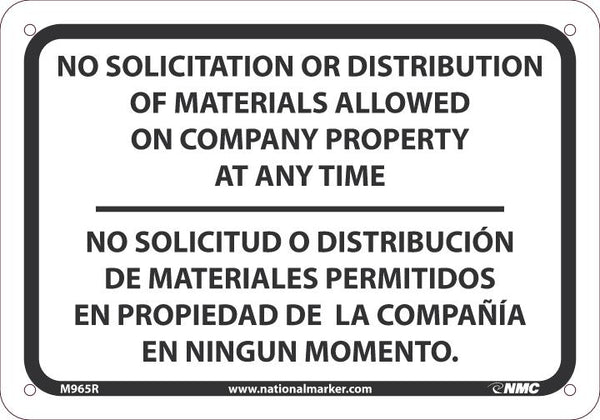 SIGN, BILINGUAL, 7 X 10 RIGID PLASTIC .050, NO SOLICITATION OR DISTRIBUTION